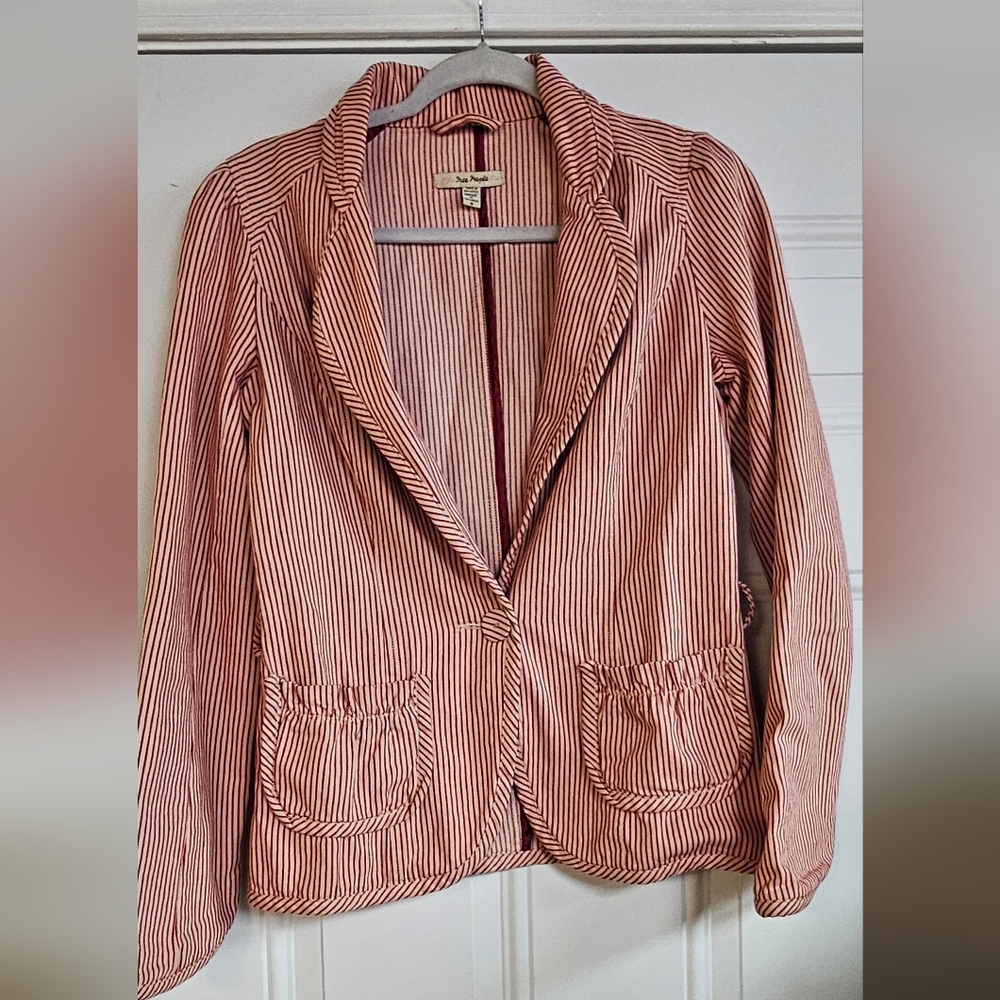 Free People Red and White Cotton Blazer Lightweight Suit Jacket